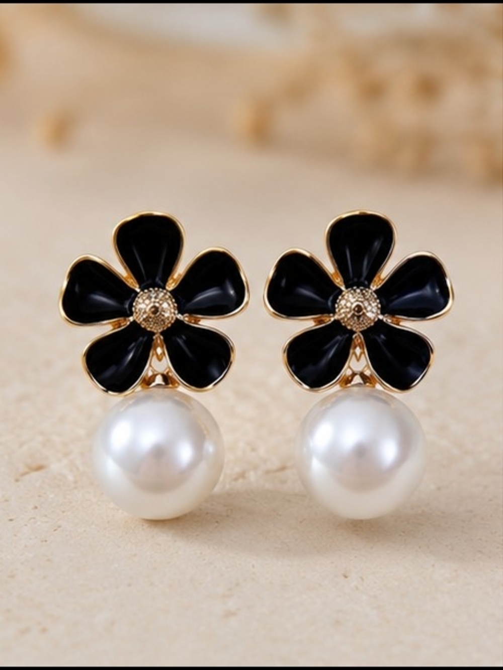 Fashion Jewelry Gold Floral Studs with Black Enamel and Pearl Drops